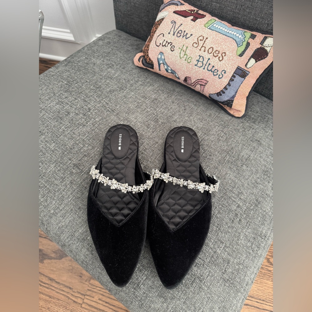 Birdies Black Velvet Mules with Crystal Embellishment